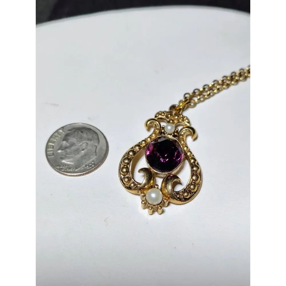 Vintage Avon Purple Crystal Faux Pearl Gold Tone Pendant Necklace
